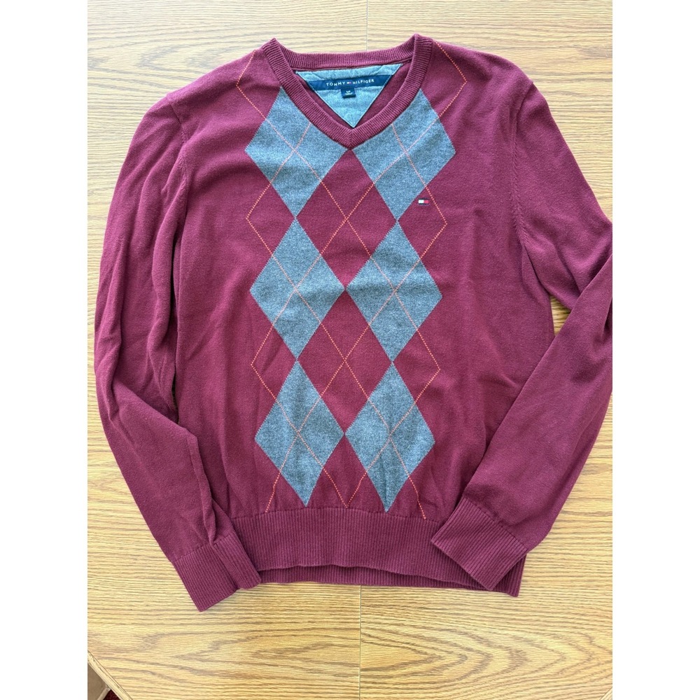 Tommy Hilfiger Mens Small Burgundy Argyle V-Neck 100% Cotton Sweater